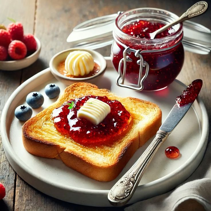 French tartine with butter and fruit jam on toasted bread