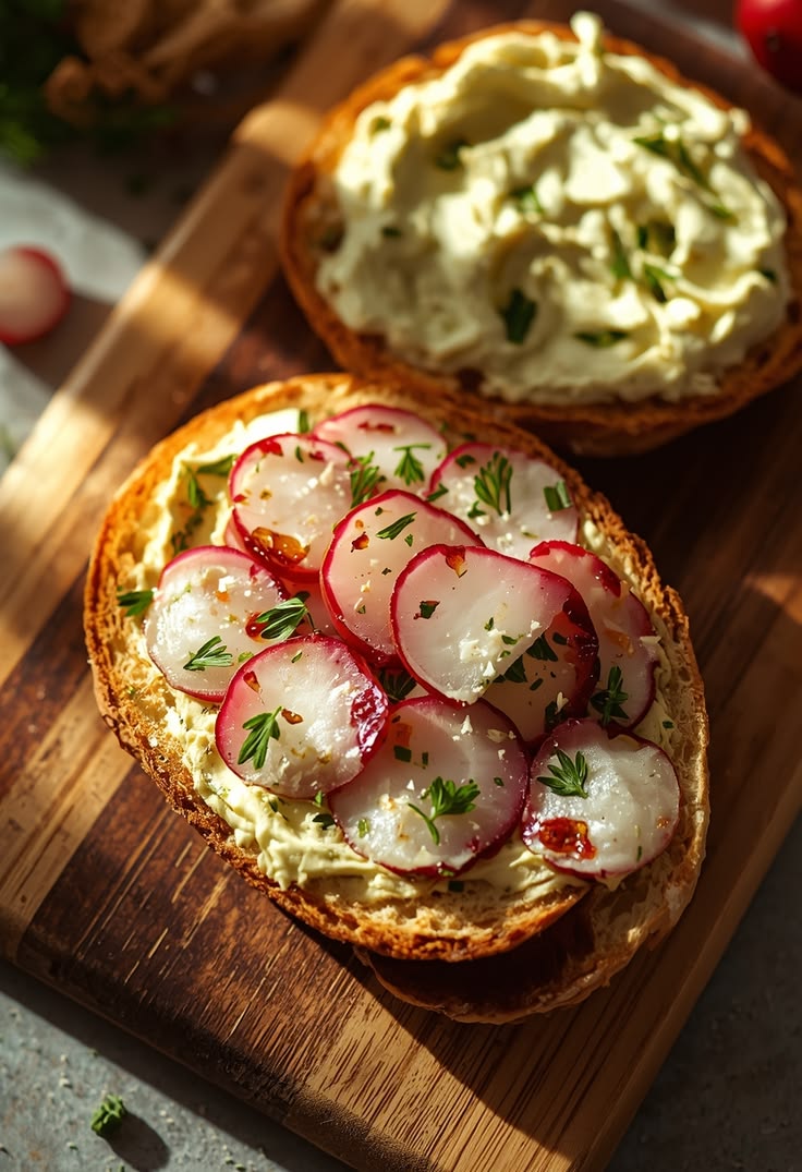 Fresh French radishes served with butter and flaky salt.