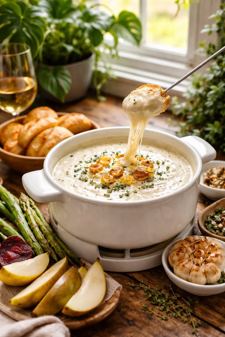Classic melted cheese fondue served with bread cubes.