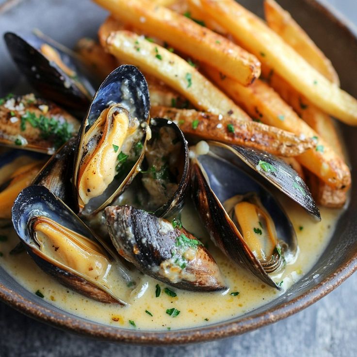 French moules frites with steamed mussels and crispy fries served together.