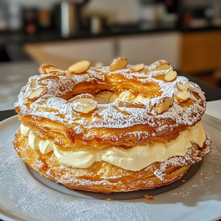 Classic Paris Brest pastry filled with praline cream.