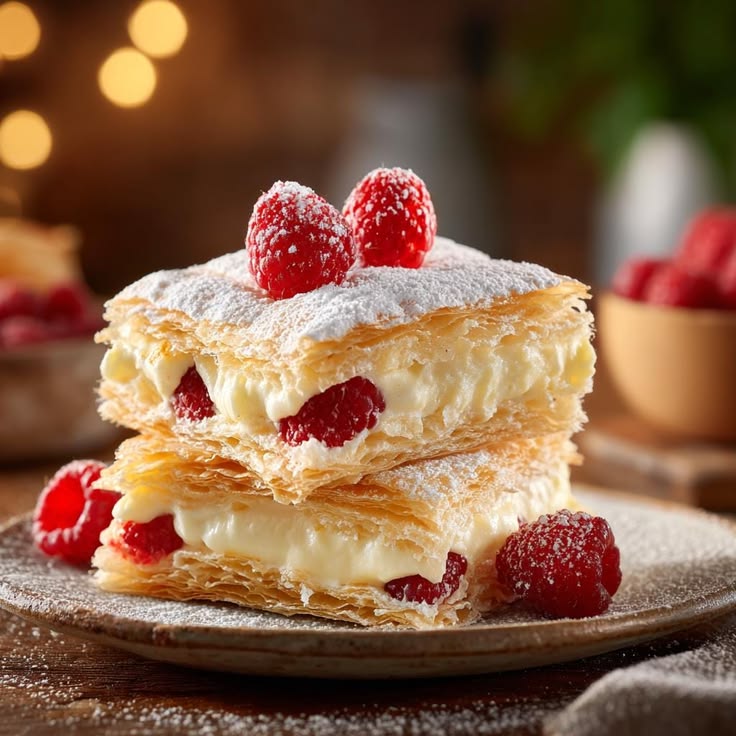 Mille feuille layered French pastry with vanilla cream and chocolate icing.