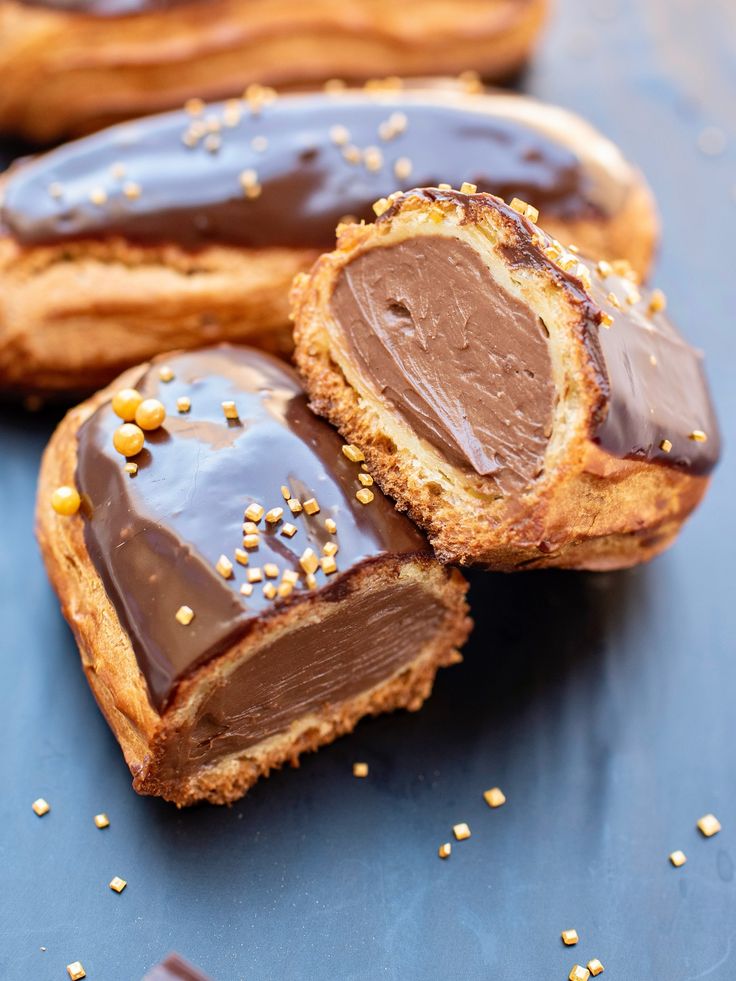 French chocolate éclairs filled with vanilla pastry cream.