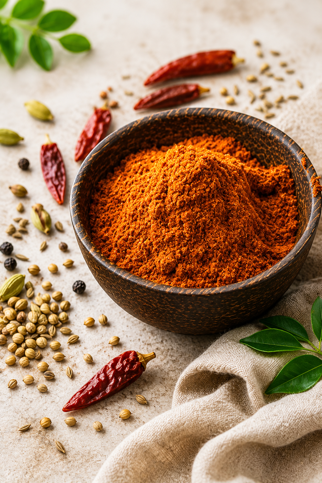Homemade berbere spice blend with red chilli, paprika, coriander, cumin, fenugreek, cardamom, and warming spices.