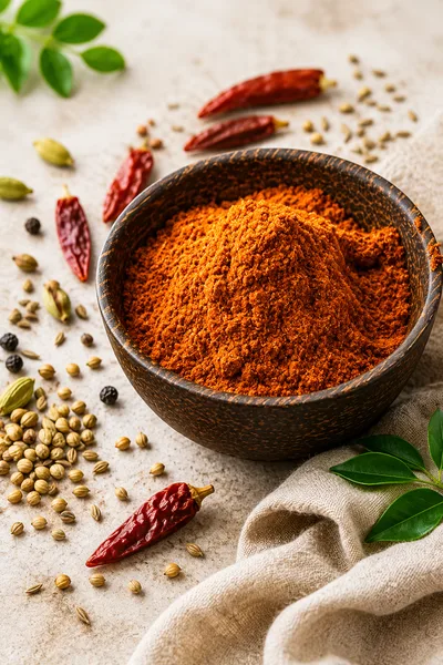 Homemade berbere spice blend with red chilli, paprika, coriander, cumin, fenugreek, cardamom, and warming spices.