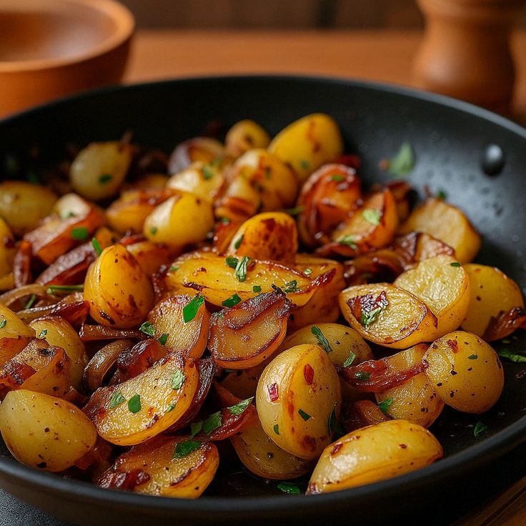 Golden pan fried French potatoes with parsley and garlic.