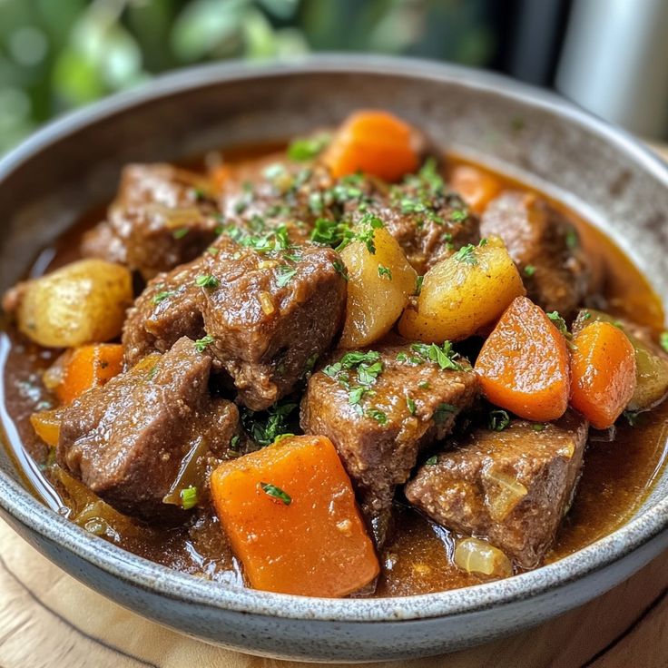 French lamb navarin stew with potatoes, carrots, and pearl onions in rich sauce.