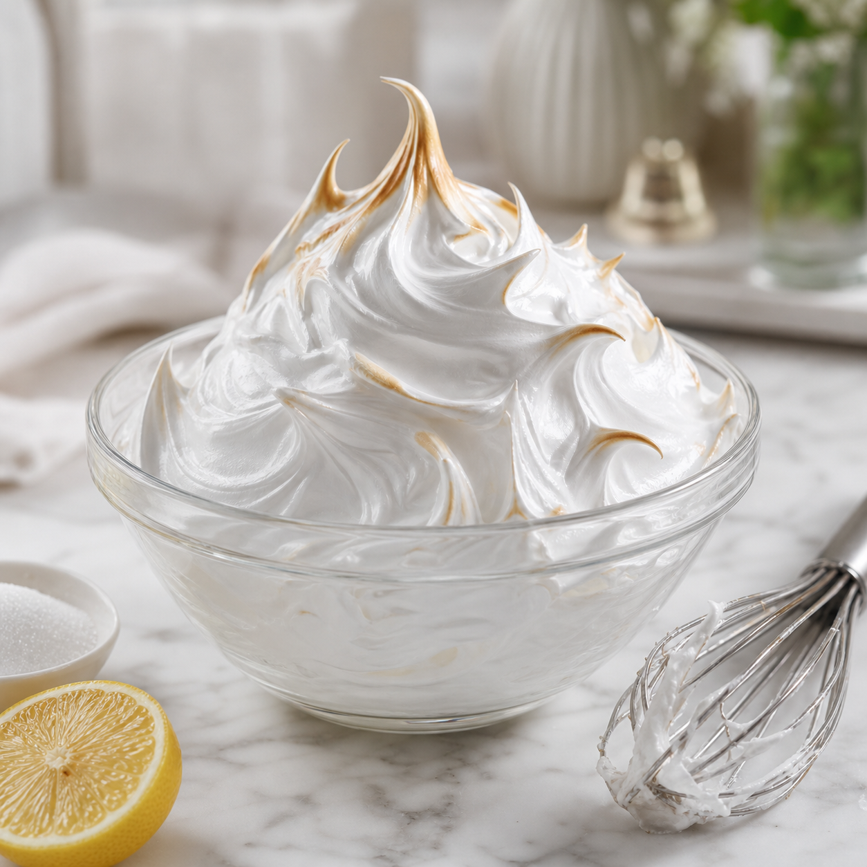 Italian meringue with toasted peaks in a glass bowl