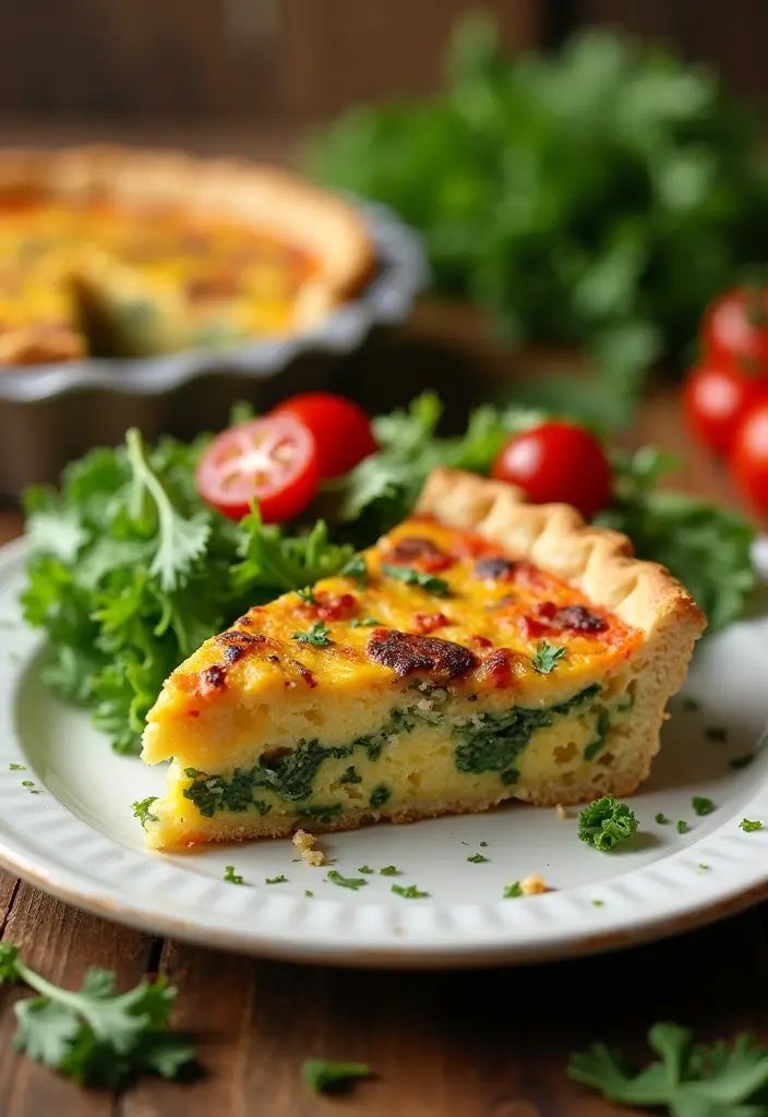 Golden baked French vegetable quiche with spinach mushrooms and melted cheese.