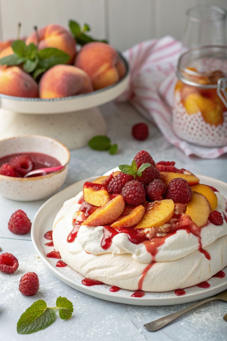 Peach Melba served on pound cake with ice cream, raspberries, and almonds.