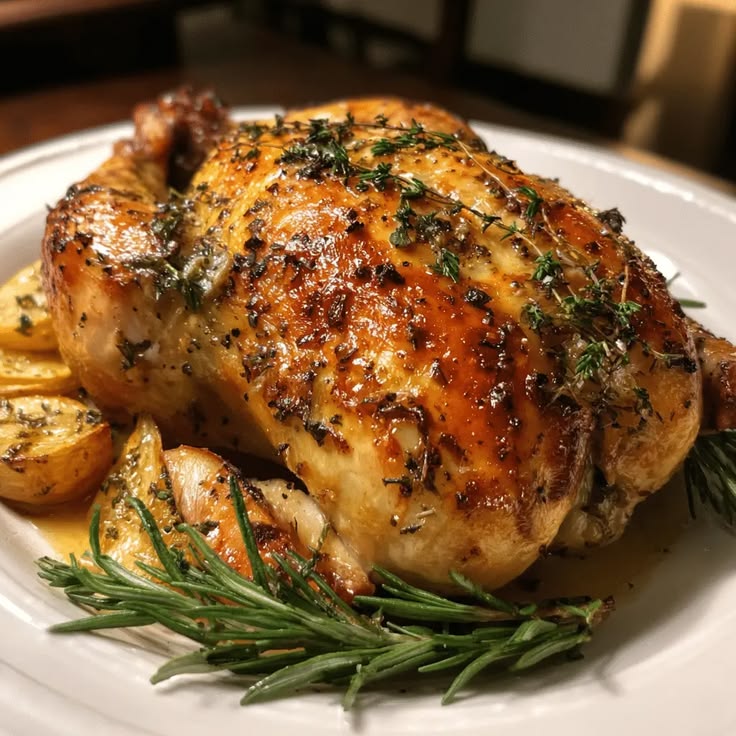 Golden French roast chicken served with glossy pan jus.