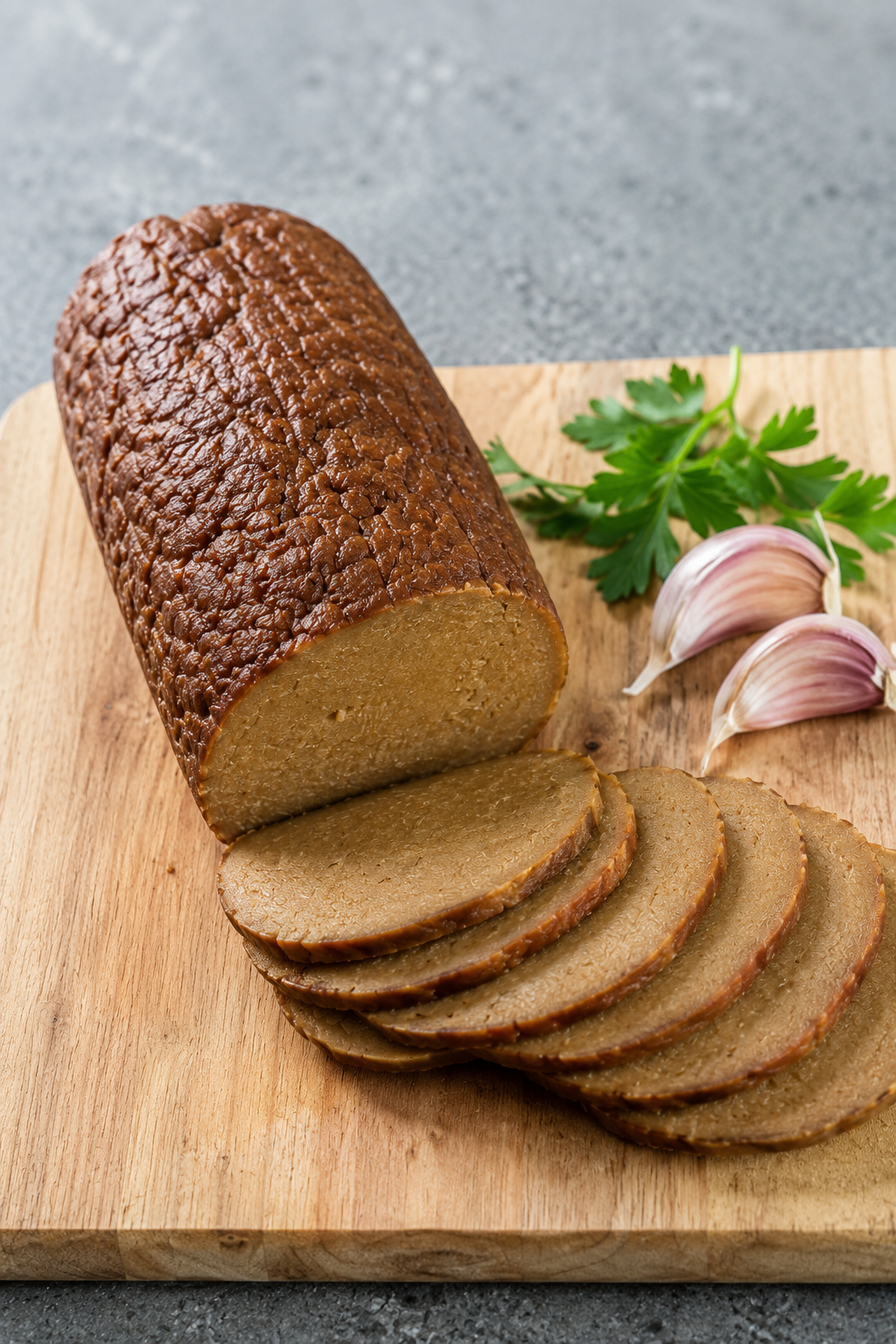 Homemade seitan sliced into pieces on a wooden board with herbs.