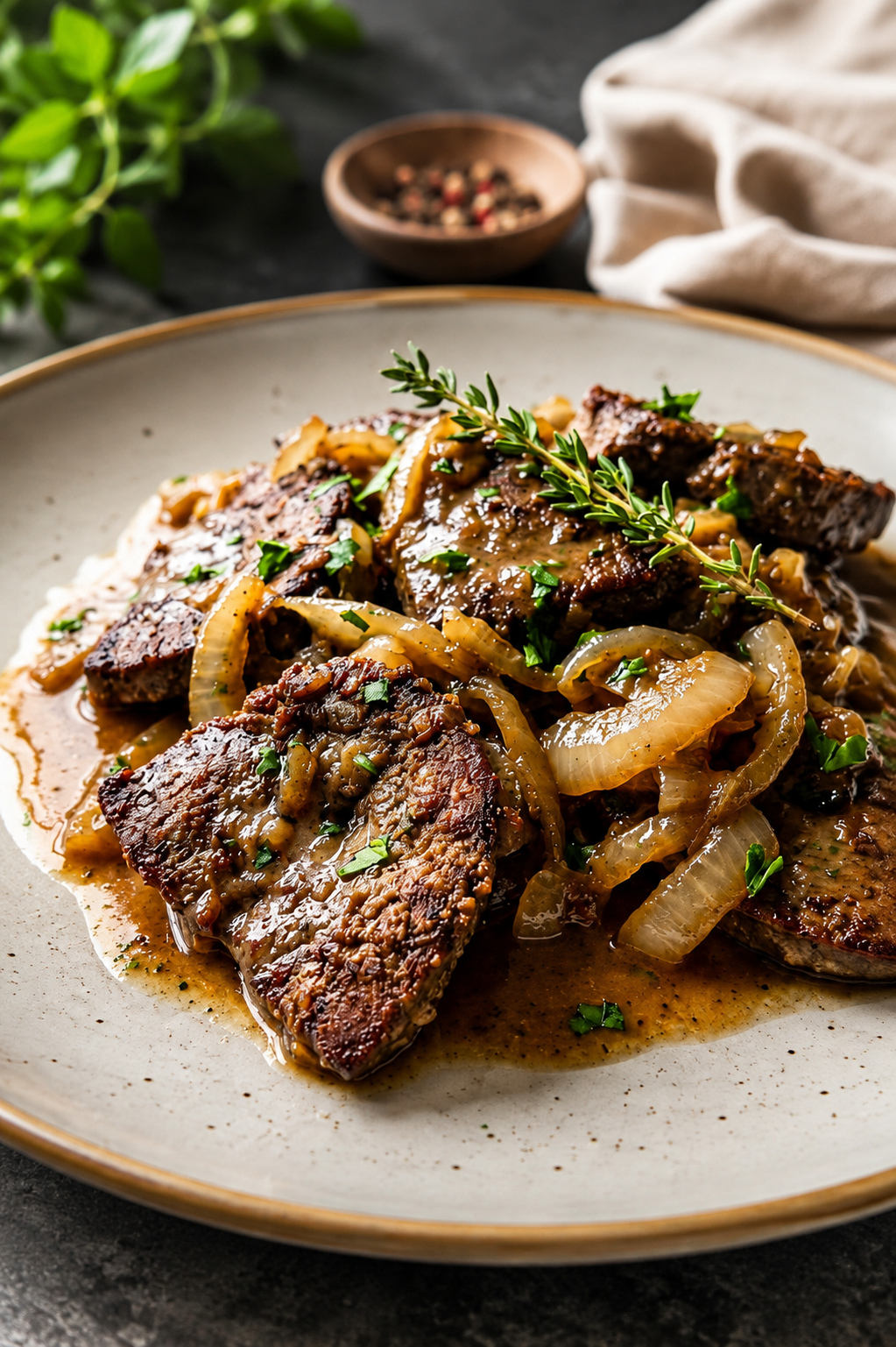 Old fashioned liver and onions with golden caramelised onions and savoury pan gravy.