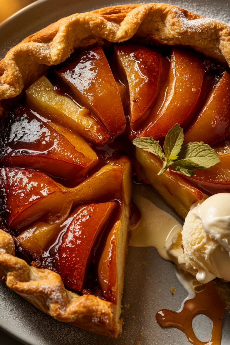 Classic French tarte tatin with caramelized apples and flaky puff pastry.