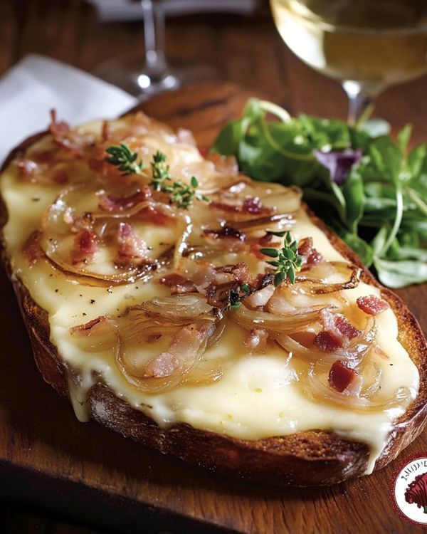 French tartine topped with eggs and melted cheese on toasted bread