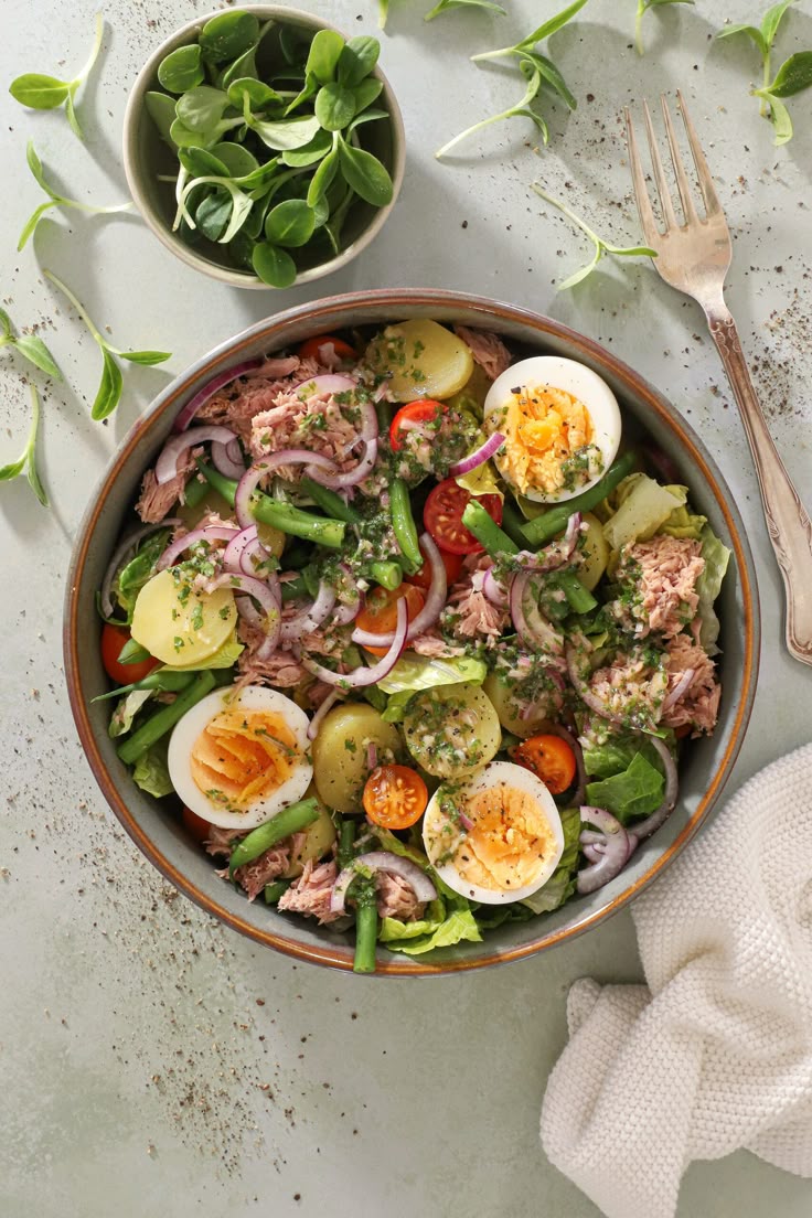Fresh Salade Nicoise with tuna, eggs, vegetables, and olives.