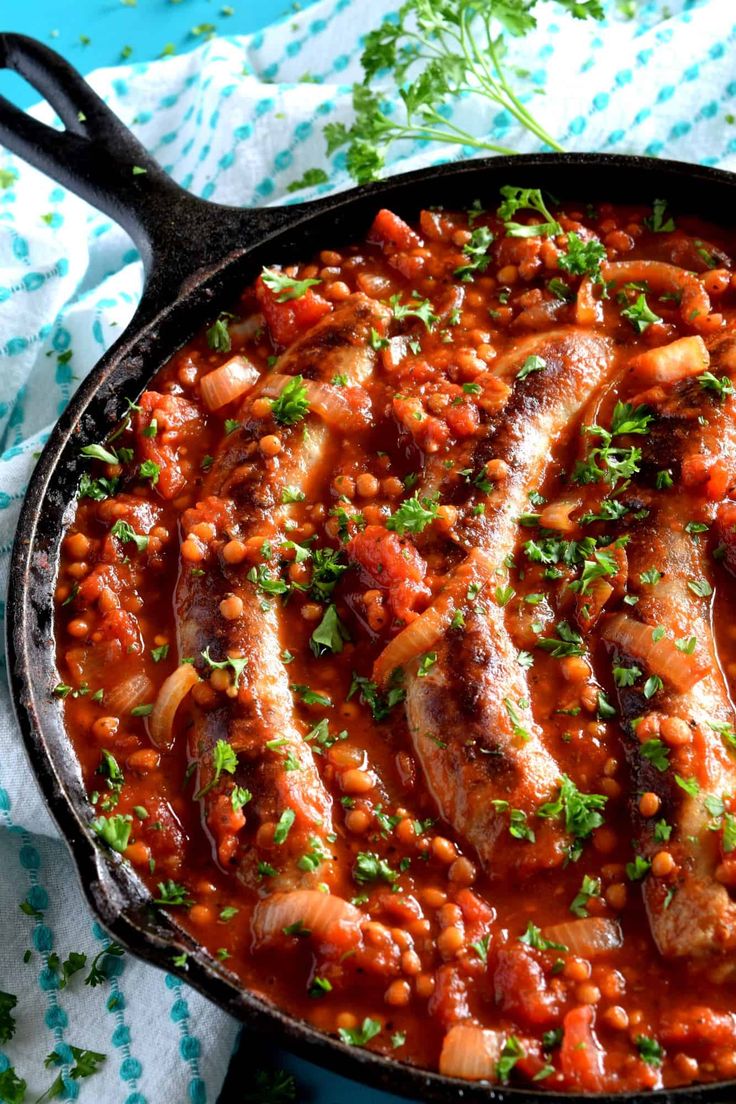 French sausages served over lentils with rich wine glaze.