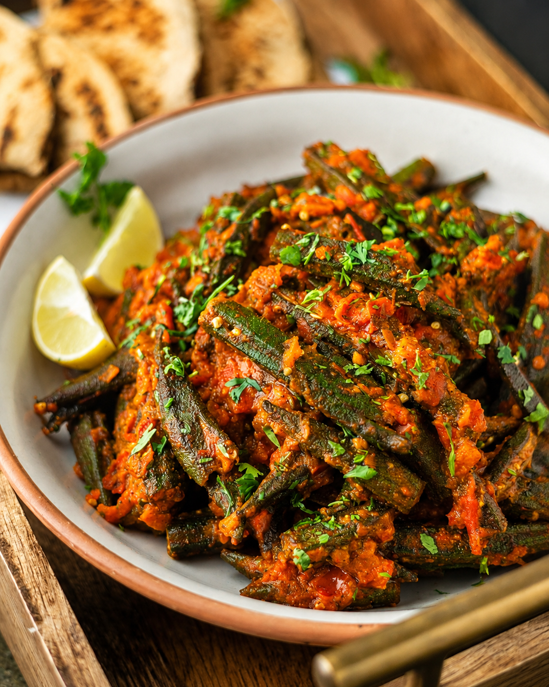 Fresh homemade Bhindi Masala served in a bowl with onions, tomatoes, herbs, and Indian spices.