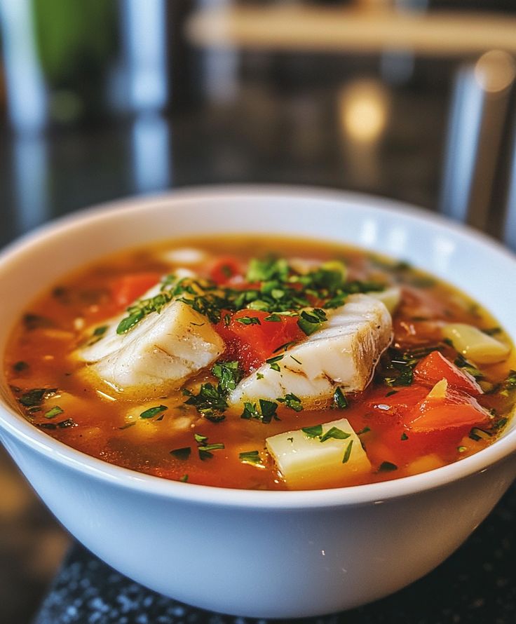 Traditional French bouillabaisse seafood stew with fish, prawns, and herbs in a rich broth.