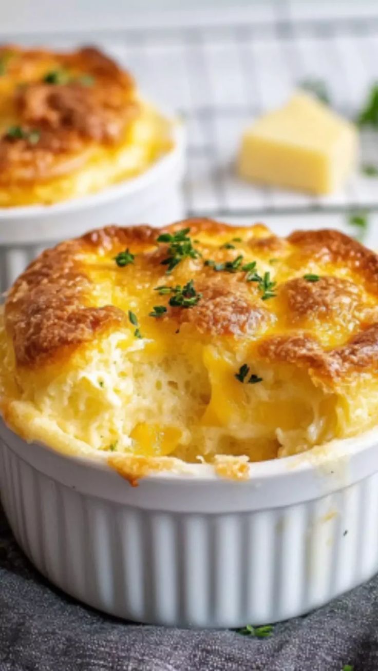 Golden fluffy French cheese soufflé baked until puffed and airy.