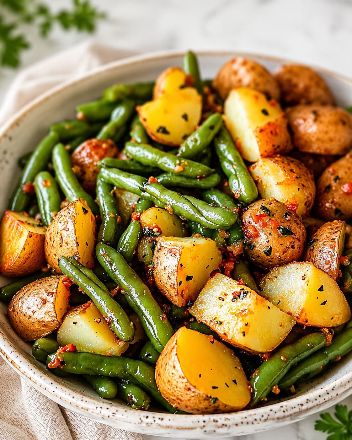 Tender green beans and baby potatoes cooked with onion, garlic, herbs, and savoury broth.