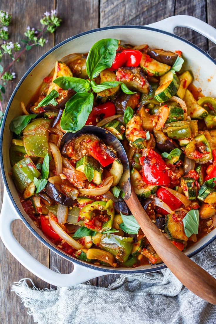 Colorful ratatouille made with fresh vegetables and herbs.