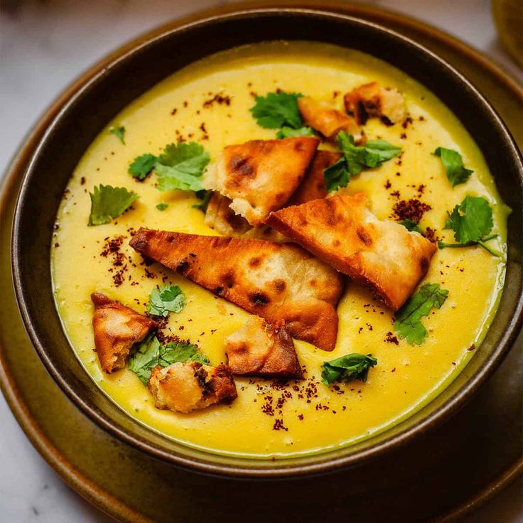 Creamy Arabic lentil soup served in a bowl with a drizzle of olive oil and fresh lemon wedges on the side.