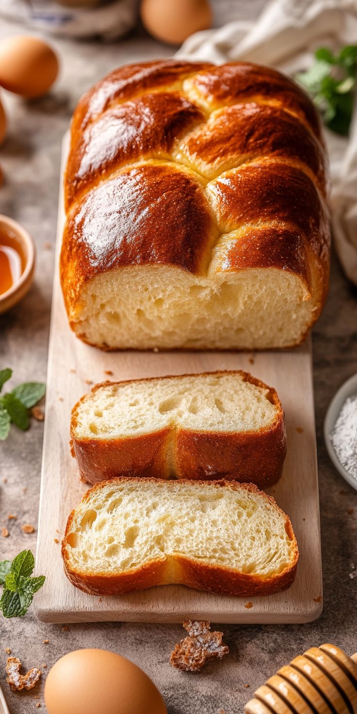 Soft brioche bread loaf with golden crust.
