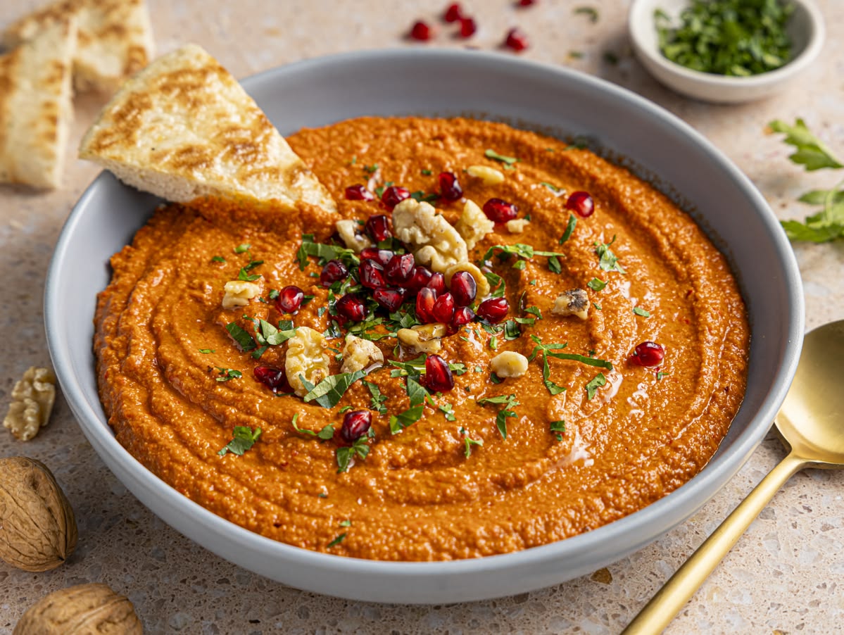 Smoky Muhammara dip made with roasted red peppers, walnuts, and pomegranate molasses served with olive oil drizzle and herbs