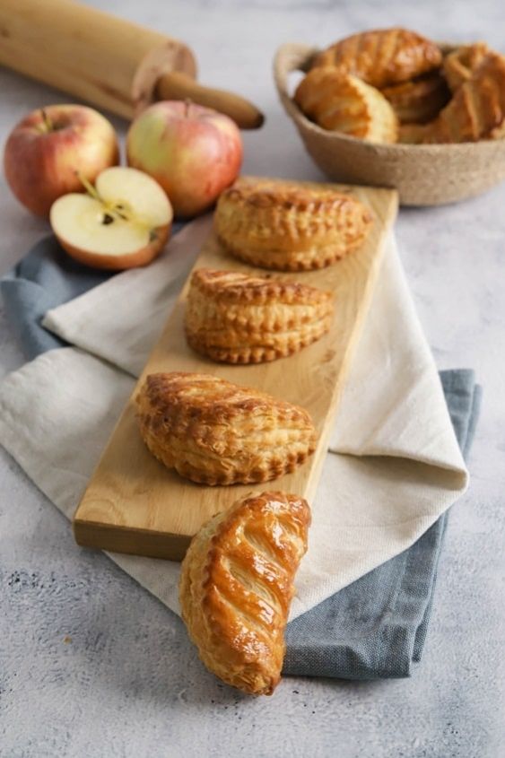 Golden French apple turnovers with flaky puff pastry.