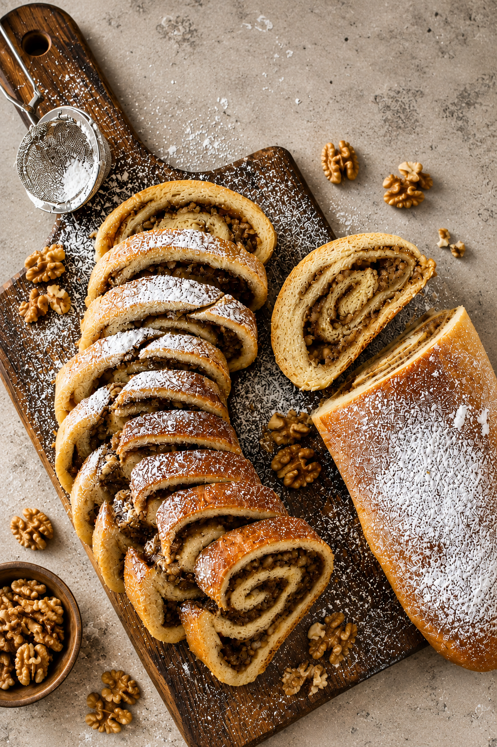 Golden homemade nut roll filled with spiced walnut filling and sliced to reveal a beautiful spiral.